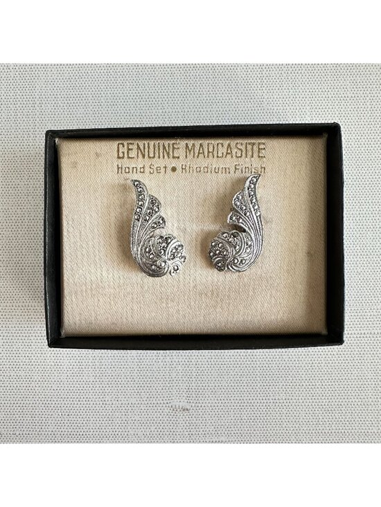Jewelry - Vintage Sterling Silver Marcasite Wing Screw Back Earrings Original Presentation
